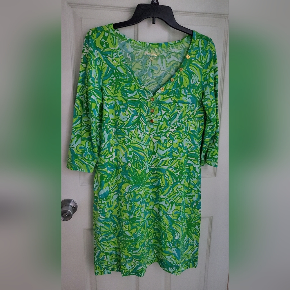 Lily Pulitzer Lime and Turquoise V-neck Pocket Shirt Dress. Size Medium